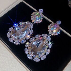 Crystal Teardrop Statement Earrings - Iridescent Clear